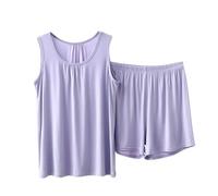 Womens Sleeveless Pyjamas Set Ladies Modal Cotton Short Pjs Set, Womens 2 Piece Outfits Loose Tank Tops and Shorts Solid Sleeveless Sleepwear V Neck Homewear Nightwear Summer Lounge Wear Sets