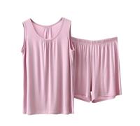 Womens Sleeveless Pyjamas Set Ladies Modal Cotton Short Pjs Set, Womens 2 Piece Outfits Loose Tank Tops and Shorts Solid Sleeveless Sleepwear V Neck Homewear Nightwear Summer Lounge Wear Sets Pink