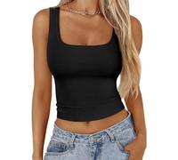 Women's Sleeveless Scoop Neck Ribbed Tank Tops Workout Crop Tops Slim Fitted Basic Cami Tee Shirts Aesthetic Vest Tops Streetwear (Black,L)