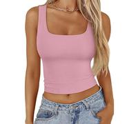 Women's Sleeveless Scoop Neck Ribbed Tank Tops Workout Crop Tops Slim Fitted Basic Cami Tee Shirts Aesthetic Vest Tops Streetwear (Pink,L)