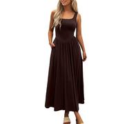 Women's Sleeveless Square Neck Maxi Dress, Flowy A Line Pleated Dresses with Pockets, Casual Solid Color Long Dress for Daily & Summer Wear Brown