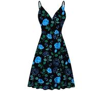 Women's Sleeveless Summer Dress Ladies Boho Blue Rose Floral Printing Adjustable V Neck Swing Maxi Sundress Fashion Elegant Backless A Line Beach Party Dresses for Girls M