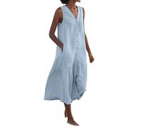 Women's Sleeveless Summer Dresses Button Down V-Neck Cotton Linen Maxi Dress with Pockets Casual Elegant Loose Solid Tank Dresses Ladies Plain Cosy Long Dress