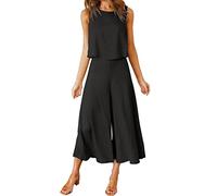 Women's Sleeveless Tank Top with O-Neck, Short Top with Wide Leg, Trouser Pockets, Two Piece Suit, E Girl Outfit, Teenager Set, black, M
