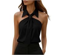 Women's Sleeveless Tops Fashion Halter Neck Tie Front Blouse Retro Cutout Chiffon Vests Office Casual Solid Color Blouse Regular Fit Shirt Collar Cold Shoulder Tank Top for Afternoon Tea & Date Night
