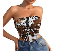 Womens Sleeveless Triangle Tube Crop Top Brown Cow Spots Print Back Strapless Bandana Tank Top