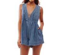 Women's Sleeveless V Neck Shorts Denim Romper Front Tie Ruffle Casual Pleated Jean Summer Overall with Pockets (Dark Blue,L)