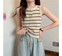 Womens sleeveless vest top with crewneck and striped knitted design, moderate elasticity, and regular length suitable for club, vacation, home, and daily use (One size Apricot)