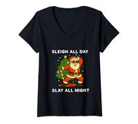 Womens Sleigh All Day Slay All Night Funny Santa Pun V-Neck T-Shirt