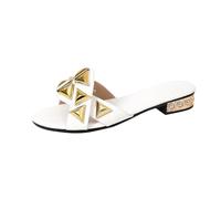 Womens Slide Sandals Metallic Pyramid Stud Block Heel Mules Open Toe Slip On Crocodile Embossed Faux Leather Upper Pearl Decor Chunky Low Heel Non Slip Rubber Sole Summer Casual Dressy Shoes