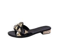 Womens Slide Sandals Metallic Pyramid Stud Block Heel Mules Open Toe Slip On Crocodile Embossed Faux Leather Upper Pearl Decor Chunky Low Heel Non Slip Rubber Sole Summer Casual Dressy Shoes