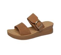 Womens Slide Sandals Open Toe Adjustable Double Buckle Strap Slippers Hollow Out Comfortable Soft Footbed Mules Slides Orthopedic Platform Shoes Non-Slip Beach Footwear for Vacation (Brown, 7)