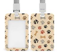 Womens Sliding Badge Holder with Detachable Lanyards Heavy Duty Vertical ID Badge Holders Dog Bone Paw Prints Cream Plastic Card Case Protector Pouch
