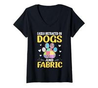 Women's Slightly Distracted Dog & Fabric Quilt V-Neck T-Shirt