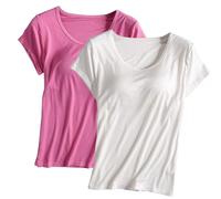 Women's Slim-Fit Camisole, Pack of 2, Built-in Bra T-Shirt Short Sleeve Crewneck Casual Lounge Shirts Soft Pyjama Tops UK Ladies Yoga Tops,S-4XL