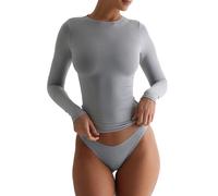 Women's Slim Fit Crop Tops Casual Solid Color Crew Neck Long Sleeve Tight T-Shirt Basic Blouse Tee Tops (WX-Grey Long Sleeve, M)