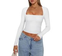 Women's Slim Fit Crop Tops Solid Color Long Sleeve Square Neck T-Shirt Y2k Casual Vintage Grunge Blouses E-Girl Streetwear (White A, S)