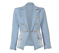 Women's Slim Fit Denim Tailored Double Breasted Pockets Jeans Jacket Jean Cropped Jacket (Light Blue, M)