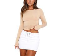 Women's Slim Fit Knitted Crop Tops Solid Color Basic Long Sleeve Round Neck Cropped Tops Cutout Pullover Shirt Y2K Streetwear (z-Beige#2, L)