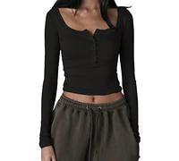 Women's Slim Fit KnittedCrop Tops Solid Color Basic Long Sleeve Round Neck Cropped Tops Cutout Pullover Shirt Y2K Streetwear (Black#2, S)