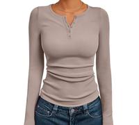 Women's Slim Fit Long Sleeve Threaded Button Henry Collar Basic T-Shirt,coffee gray,L