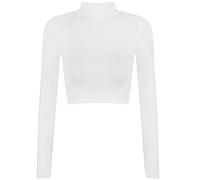 Womens Slim Fit Polo Turtle Neck Crop Top Long Sleeve Plain Shirt Ladies Winter Fashion Stretch Fit Basic Top White UK 12-14