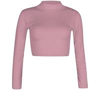 Womens Slim Fit Polo Turtle Neck Crop Top Long Sleeve Plain Shirt Ladies Winter Fashion Stretch Fit Basic Top Baby Pink UK 12-14