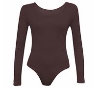Womens Slim Fit Scoop Neck Bodysuit Long Sleeve Plain Leotard Blouse Ladies Winter Fashion Stretch Fit Shirt Top Chocolate Brown UK 8-10
