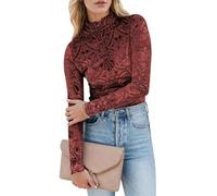 Womens Slim Fit Velvet Burnout Top - Mockneck Long Sleeve Semi See Through Blouse Elegant Shirt for Party/Date/Night Out, Darkredyj, S
