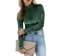 Womens Slim Fit Velvet Burnout Top - Mockneck Long Sleeve Semi See Through Blouse Elegant Shirt for Party/Date/Night Out, Greenyj, XL