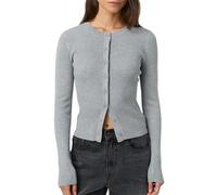 Womens Slim Fitted Cardigan Open Front Long Sleeve Ribbed Knit Button Down Shirt Crewneck Basic Classic Tops, Knitted Light Grey, Medium
