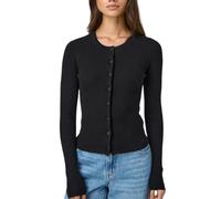 Womens Slim Fitted Cardigan Open Front Long Sleeve Ribbed Knit Button Down Shirt Crewneck Basic Classic Tops, Knitted Black, Medium