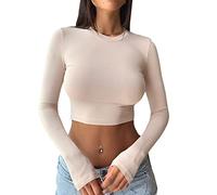 Women's Slim Fitted Long Sleeve Solid Crop Tee Top Basic Layering Workout Baby Tees Summer Stretch Blouse Y2K Streetwear