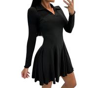 Women's Slim Fitted V Neck Long Sleeve Summer Mini Dress High Waisted Pleated Skorts Ladies Comfy Soft Solid Color Stretchy Workout Gym Dress 2025 Black