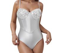 Women's Slim Sleeveless Bodysuit Sparkly Sequin Spaghetti Strap Triangle Romper Leotard Tops