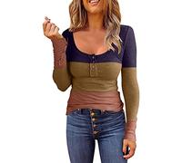 Women's Slim Top Shirt Long Sleeve Bore Striped Scoop Neck Top Buttoned Patchwork T-Shirt Top Arm Warmers Mesh, brown, M