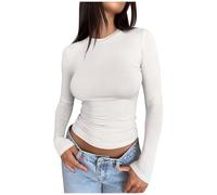 Women's Slim Tops Long Sleeve Crew Neck Crop Top T-Shirt Basic Plain Tight Slim Fit Cropped Shirt Workout Yoga Long Sleeve Shirts Crop Tops Basic Slim Fit Shirts Turtleneck Short Sleeve, White, S