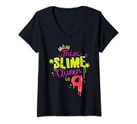 Women's Slime Queen is 9 Birthday Party Fun Slime Lover Kids 9th V-Neck T-Shirt