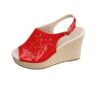 Womens Slingback Espadrille Wedge Sandals Peep Toe Espadrilles Platform Buckle Ankle Strap Sling Back Comfort High Heel Summer Dressy Shoes Sling Straps Trendy (Red, 5)