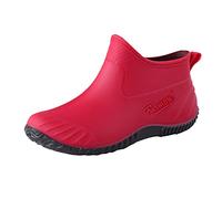 Womens Slip On Ankle Wellies, Simple Casual Waterproof PVC Short Rain Boots, Non Slip Rubber Sole Low Wedge Welly Shoes for Gardening Daily Commuting Outdoor Walking Red
