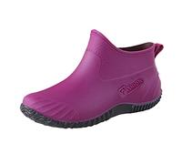 Womens Slip On Ankle Wellies, Simple Casual Waterproof PVC Short Rain Boots, Non Slip Rubber Sole Low Wedge Welly Shoes for Gardening Daily Commuting Outdoor Walking Purple