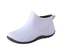 Womens Slip On Ankle Wellies, Simple Casual Waterproof PVC Short Rain Boots, Non Slip Rubber Sole Low Wedge Welly Shoes for Gardening Daily Commuting Outdoor Walking Grey