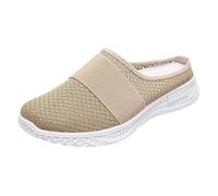 Womens Slip On Backless Trainers Lightweight Breathable Mesh Orthopedic Arch Support Knit Mule Sneakers Casual Non Slip Wedge Work Clogs Open Back Walking Nursing Shoes Khaki