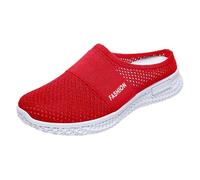 Womens Slip On Backless Trainers Lightweight Breathable Mesh Orthopedic Arch Support Knit Mule Sneakers Casual Non Slip Wedge Work Clogs Open Back Walking Nursing Shoes Red