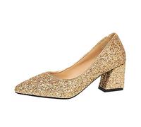 Womens Slip On Court Shoe Sequins Chunky Dress Sandals Mid High Heel Pumps Party Wedding Shoes Pointed Toe Office Work Court Shoes Size 7 1_Gold