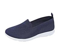Women's Slip-On Fabric Shoes with Pull Tab and Contrast Sole Navy | Plain casual footwear, open-textured upper, enclosed rounded front, pale base edge, spring outings and summer dressing