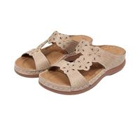 Women's Slip On Flat Sandals Cut Out Floral Open Toe Slides Casual Summer Beach Slippers Lightweight Comfortable Contoured Walking Footwear Beige