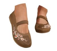Womens Slip On Flat Shoes Orthopedic Knit Mesh Walking Shoes Breathable Non-Slip Lightweight Trainers With Floral Embroidery Outdoor Indoor Athletic Fashion Sneaker Ladies Soft Summer Comfy Footwear