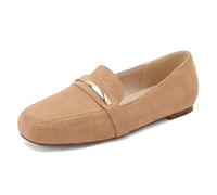 Women's Slip-On Flats Suede Square Toe Loafers Gold Metal Bar | Soft suede upper slip-on style square toe gold metal bar detail cushioned insole non-slip sole sizes 35-48