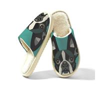 Women's Slip on Fuzzy Slippers Non-Slip Indoor House Slippers Home Shoes | Boston Terrier Cartoon Dog Animal Pet Theme Soft Closed Toe Washable Slippers Lightweight For Bedroom Hotel Travel Spa